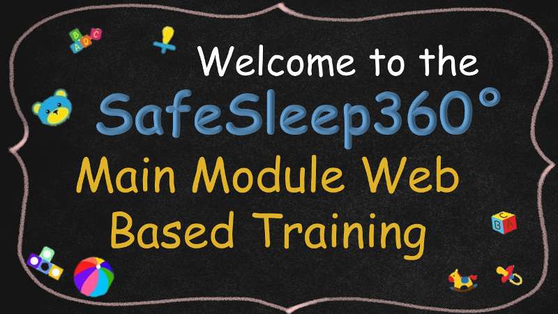 A black chalkboard image with a pink border around the inside. Inside the border are some images of baby items such as pacifiers, blocks, balls and rocking horses. In the middle of all of that are the words